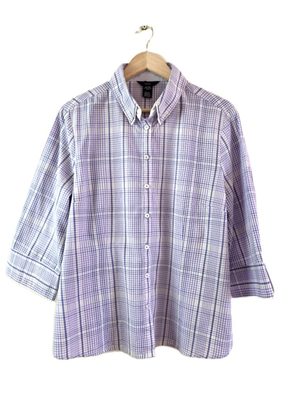Haggar Button-Down Plaid Blouse 3/4 Sleeve 100% Cotton Relaxed Tailored
